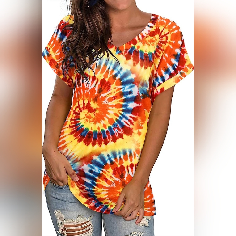 2/$35 GOOTUCH Womens Summer Tie Dye Short Sleeve V Neck T-Shirt, L